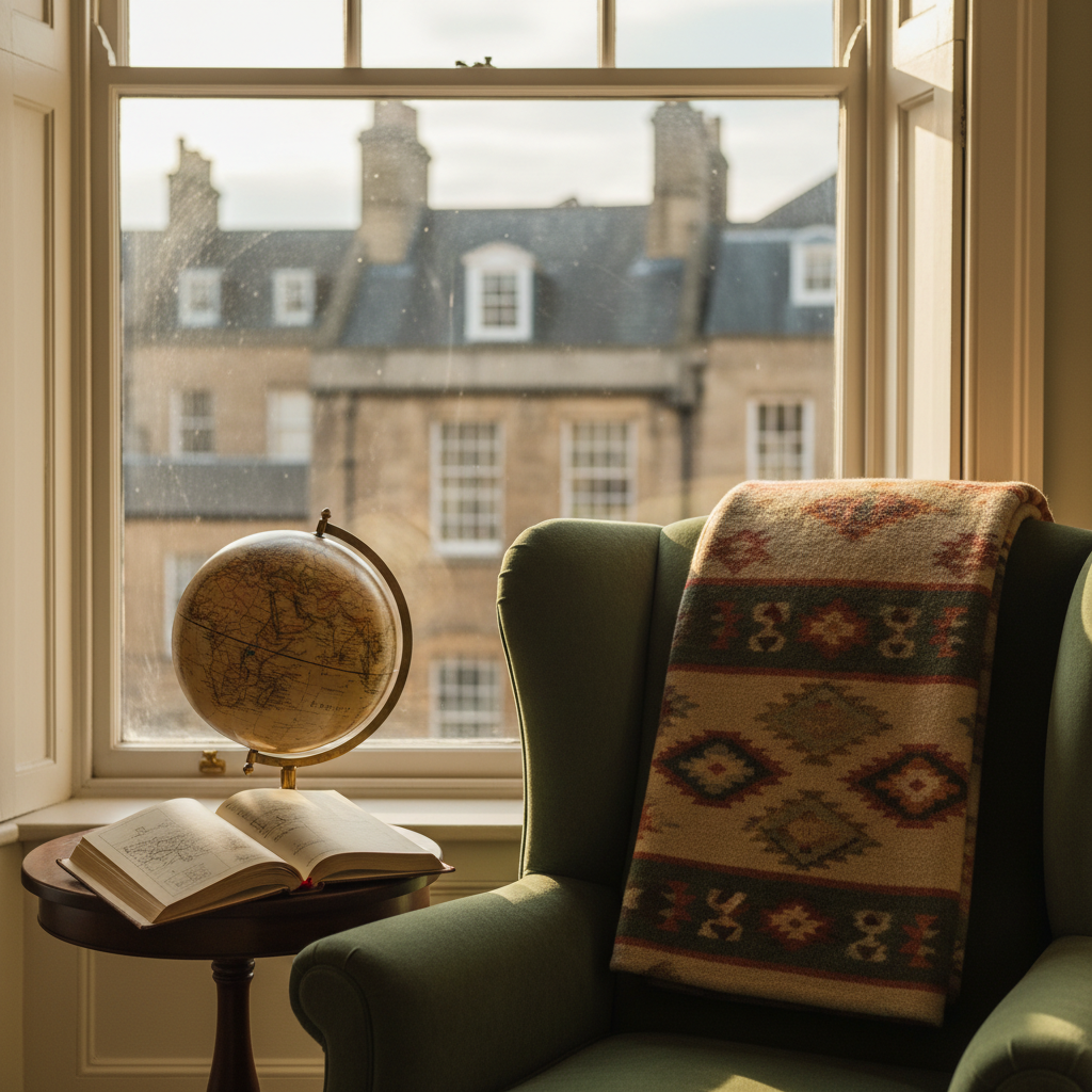 A richly detailed reading nook arranged beside a tall arched window in a historic townhouse, overlooking the blurred rooftops of an old city. In the foreground, a deep green velvet armchair is partially visible, its armrest draped with a finely woven wool travel blanket patterned with subtle geometric motifs inspired by antique textiles. An open guidebook filled with annotated maps rests on a small round side table of dark mahogany, next to a brass desk globe showing faint trade routes. Late afternoon natural light spills in, creating delicate highlights on the globe and gentle shadows in the book’s spine. Captured in photographic realism with a calm, balanced composition, the mood is sophisticated, scholarly, and quietly adventurous.