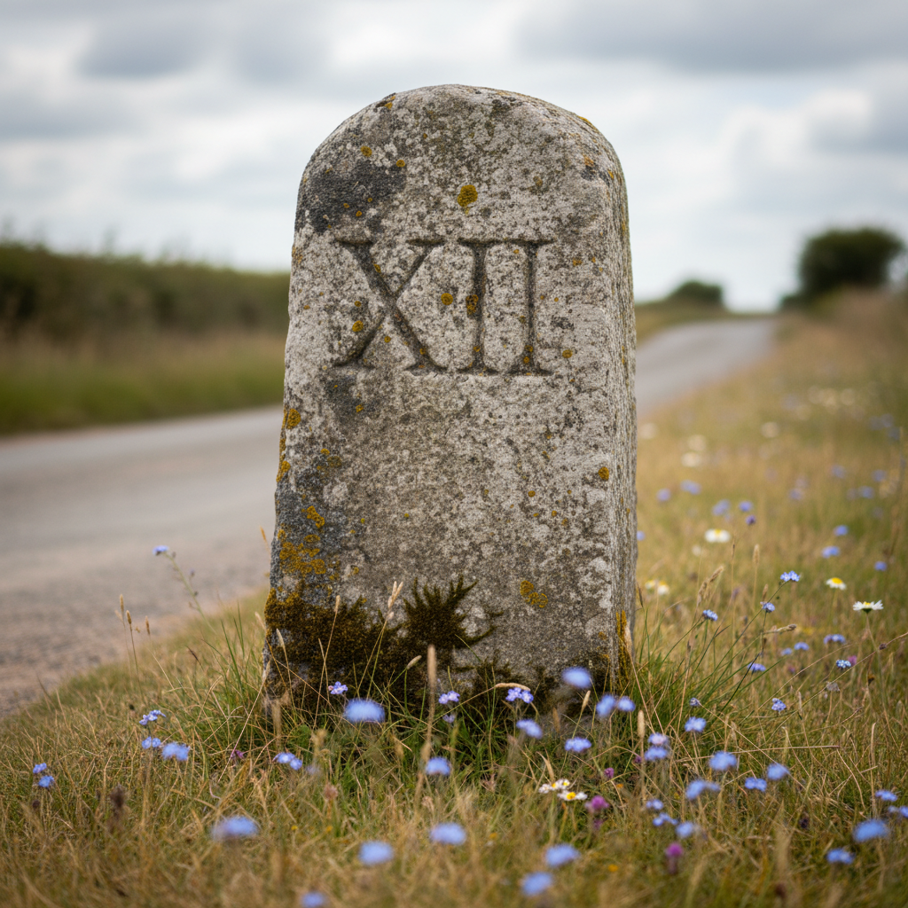 A close-up, photographic-realism image of a weathered stone milestone marker standing at the edge of an old rural road, its engraved numerals softened by centuries of rain and lichen. The rough, pale gray surface is speckled with moss in deep green patches, and faint chisel marks are still visible along its edges. The milestone is rooted in a narrow strip of grass where wildflowers and dry, golden weeds sway slightly out of focus. Overhead, soft overcast light creates even illumination and gentle contrast, emphasizing every crack and texture. Shot from a low, slightly angled perspective using shallow depth of field, the stone dominates the frame, evoking the quiet persistence of historic routes and forgotten journeys.