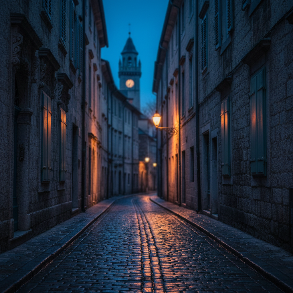 An atmospheric, photographic-realism street scene of an old European city captured at blue hour, with empty cobblestone alleys glistening from a recent rain. Ornate stone facades with centuries-old carvings rise on either side, their windows framed by weathered wooden shutters in muted greens and blues. A single wrought-iron street lamp casts a warm amber glow that reflects in small puddles, while the distant silhouette of a historic clocktower is softly blurred in the background. Shot at eye level with a moderate depth of field, the composition leads the viewer down the winding lane, creating a sophisticated, quietly dramatic mood that suggests layers of untold travel stories without any human presence.